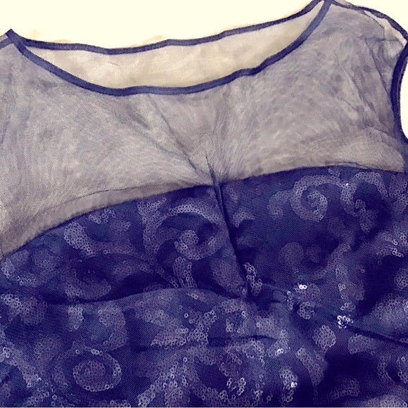 Evening cocktail sequin dress, navy with mesh shoulders - Picture 2 of 5